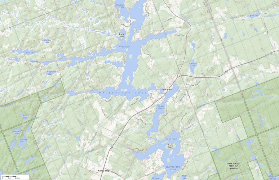 Topographical Map of Whitestone Lake in Municipality of Whitestone and the District of Parry Sound